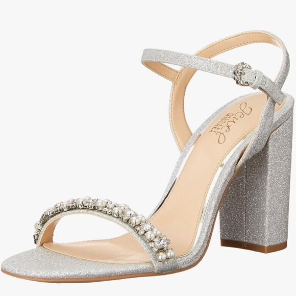 Badgley Mischka Sandals Womens Size 8.5 Silver Block Heel Open Toe‎ Embellished - Picture 1 of 9